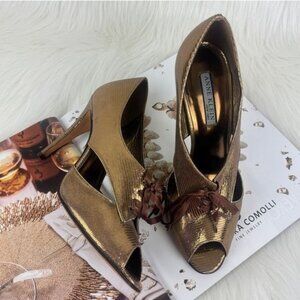 Women's Anne Klein Bronze Gold Belladona Leather Oxford Peep Toe Pumps Size 8
